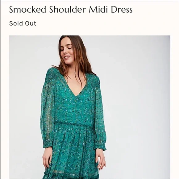 Free People Smocked Shoulder Midi Dress Green Floral Tiered Long Sleeve NWT - Picture 3 of 15